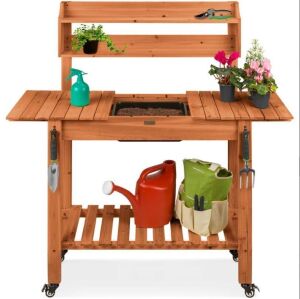 Wood Garden Potting Bench w/ Sliding Tabletop, Food Grade Dry Sink, Wheels 