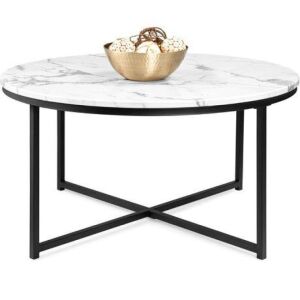 Round Coffee Table w/ Faux Marble Top, Metal Frame - 36in 