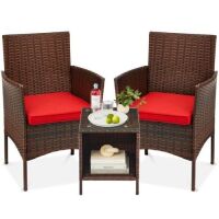 3-Piece Outdoor Patio Wicker Bistro Set w/ Side Storage Table&nbsp;