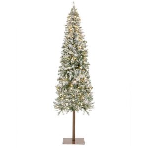 7.5' Pre-Lit Snow Flocked Alpine Slim Pencil Christmas Tree w/ LED Lights, Stand 