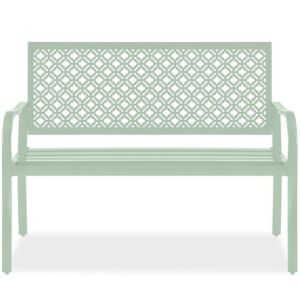 Indoor Outdoor Steel Bench w/ Geometric Backrest, Foot Levelers 