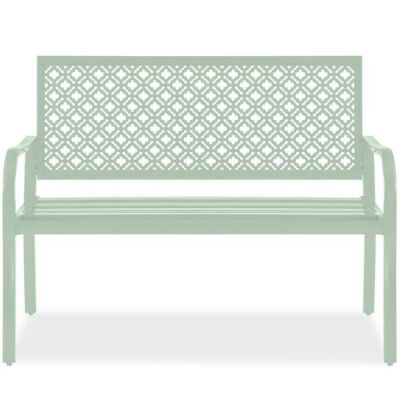 Indoor Outdoor Steel Bench w/ Geometric Backrest, Foot Levelers 