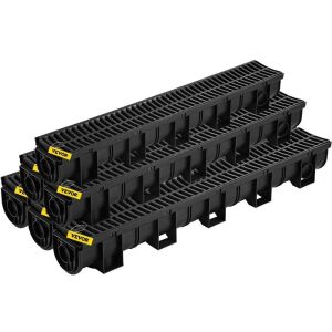 VEVOR 5.9x5.1-Inch HDPE Drainage Trench, Black Plastic Garage Floor Drain, 6x39 Trench Drain Grate, with 6 End Caps, 6 Pack