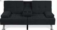 Linen Upholstered Convertible Sofa Bed Futon w/ 2 Cupholders (black)