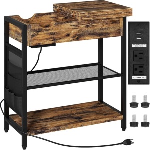 Narrow Flip Top Side Table with USB Ports and Outlets, Storage and Fabric Bags, Rustic Brown  