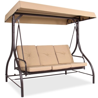 3-Seat Outdoor Canopy Swing Glider Furniture w/ Converting Flatbed Backrest 