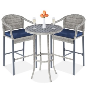 3-Piece Outdoor Bistro Wicker Table Bar Set w/ Bar Stools, Footrests 