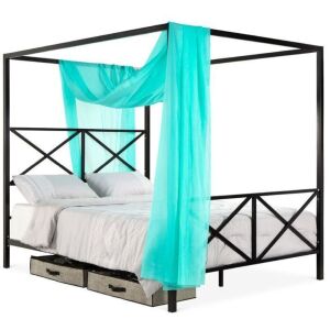 4-Post Queen Size Modern Metal Canopy Bed Frame w/ Headboard, Footboard 