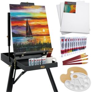 Portable Wooden French Easel w/ 32pc Beginners Kit 