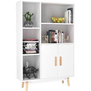 Homfa Free Standing Wooden Display Bookcase with Double Doors, 2 Shelves, 3 Cubes and 4 Legs