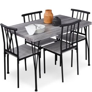 5-Piece Modern Metal and Wood Dining Table Furniture Set w/ 4 Chairs 