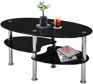 Nidouillet 3 Tier Tempered Glass Coffee Table with Glass Shelves and Stainless Steel Legs, 35.4" x 19.7" x 17.7" 