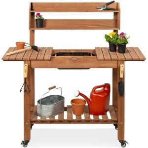 Wood Garden Potting Bench w/ Sliding Tabletop, Food Grade Dry Sink, Wheels 