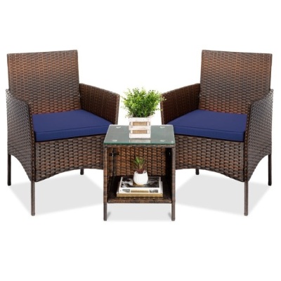 3-Piece Outdoor Patio Wicker Bistro Set w/ Side Storage Table 