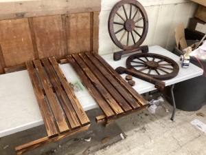 2-Person Rustic Wooden Wagon Wheel Bench w/ Slatted Seat and Backrest 