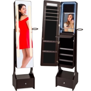 Standing Full Length LED Mirror Jewelry Armoire w/Interior & Exterior Lights 