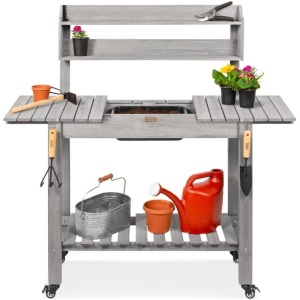 Wood Garden Potting Bench w/ Sliding Tabletop, Food Grade Dry Sink, Wheels 