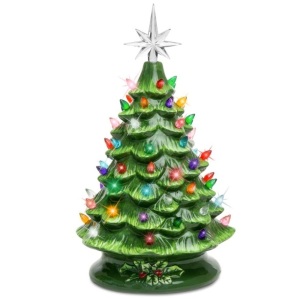 15in Ceramic Christmas Tree, Pre-lit Hand-Painted Tabletop Holiday Decoration w/Power Cord, Star Topper, 64 Multicolored Lights  