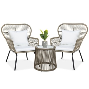 3-Piece Patio Wicker Conversation Bistro Set w/ 2 Chairs, Glass Top Table 