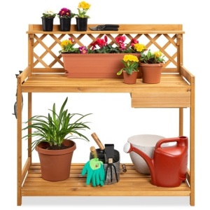 Wooden Garden Potting Bench Workstation w/ Cabinet Drawer, Open Shelf 