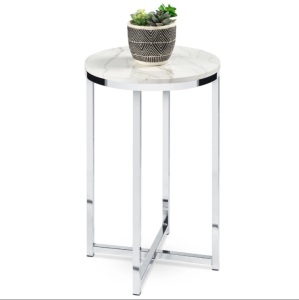 Round Coffee Side Table w/ Faux Marble Top, Metal Frame - 16in 