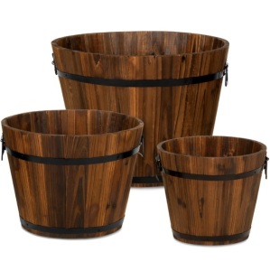 Set of 3 Rustic Wood Bucket Barrel Garden Planters Set w/ Drainage Holes 