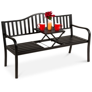 Steel Bench for Outdoor Patio and Garden w/ Pullout Middle Table 