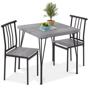 3-Piece Metal Wood Square Dining Table Furniture Set w/ 2 Chairs 