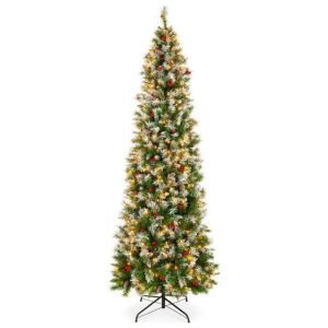 6' Pre-Lit Partially Flocked Spruce Pencil Tree w/ Berries, Pine Cones 