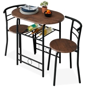 3-Piece Wooden Table & Chairs Dining Set w/ Lower Storage Shelf