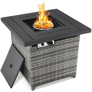 28in Fire Pit Table 50,000 BTU Wicker Propane w/ Faux Wood Tabletop, Cover