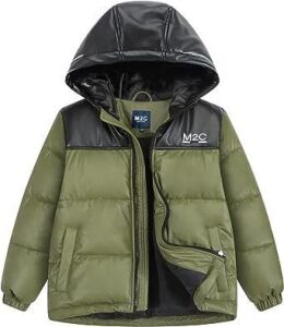 M2C Boys Winter Thick Puffer Jacket Stretch PU Leather Outwear Olive 10-12