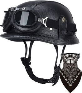 SWSAL Motorcycle German Leather Half Face Helmet and Goggles 