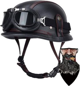 Motorcycle German Leather Half Face Helmet and Goggles 