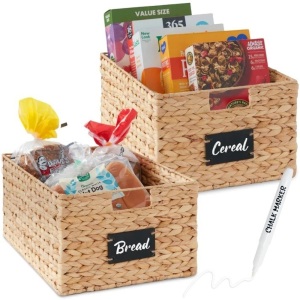 0Set of 2 Water Hyancinth Pantry Baskets w/ Chalkboard, Marker - 16in