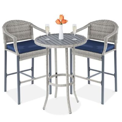 3-Piece Outdoor Bistro Wicker Table Bar Set w/ Bar Stools, Footrests - Damage to One Stool Arm 