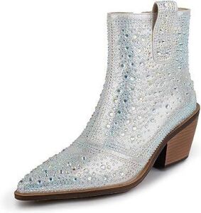 ISNOM Rhinestone Ankle Boots with Pointed Toe and Chunky Heel Design, Size 9.5 