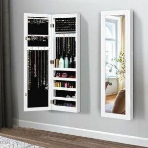 Wall And Door Mirrored Jewelry Cabinet With LED Light