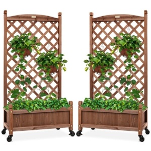 Set of 2 Wood Planter Box & Lattice Trellis w/ Optional Wheels - 48in