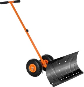 Outsunny Snow Shovel with Wheels, Snow Pusher, Cushioned Adjustable Angle Handle Snow Removal Tool, 29" Blade, 10" Wheels, Orange