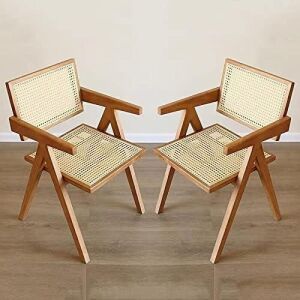 Retro Rattan Dining Chair Ash Wood Frames Handmade Rattan Back, Brown, Set of 2 