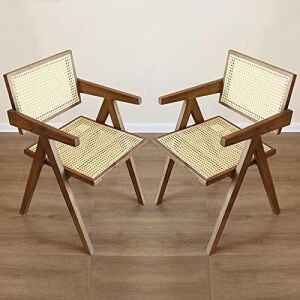 Retro Rattan Dining Chair Ash Wood Frames Handmade Rattan Back, Dark Brown, Set of 2 