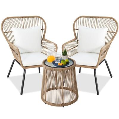 3-Piece Patio Wicker Conversation Bistro Set w/ 2 Chairs, Glass Top Table 