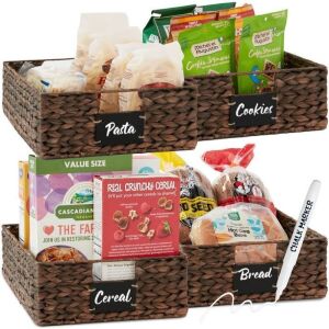 Set of 4 Water Hyacinth Pantry Baskets w/ Chalkboard, Chalk Marker 