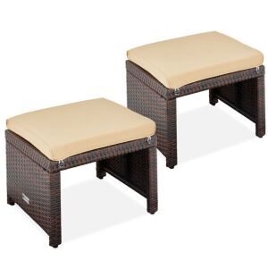 Set of 2 Multipurpose Wicker Ottomans w/ Removable Cushions, Steel Frame 