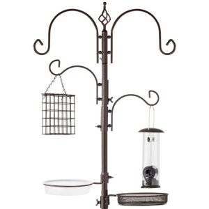 4-Hook Bird Feeding Station, Steel Feeder Stand w/ 2 Bird Feeders - 91in 