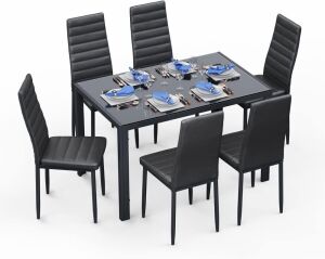 Bealife Kitchen Dining Table Set for 6, Tempered Glass Table and Chairs, Black