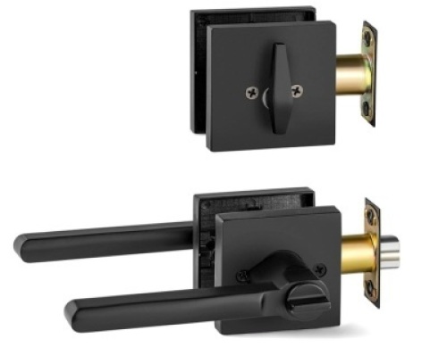 Berlin Modisch Entry Lever Door Handle and Single Cylinder Deadbolt Lock and Key Slim Square Locking Lever Handle Set, Appears New
