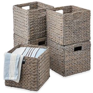 Set of 5 Collapsible Hyacinth Storage Baskets w/ Inserts - 12x12in 