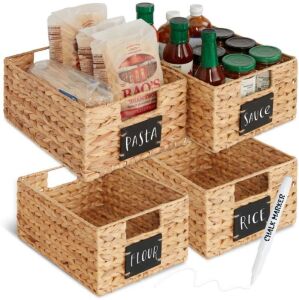 Set of 4 Water Hyacinth Pantry Baskets w/ Chalkboard, Marker - 12in 